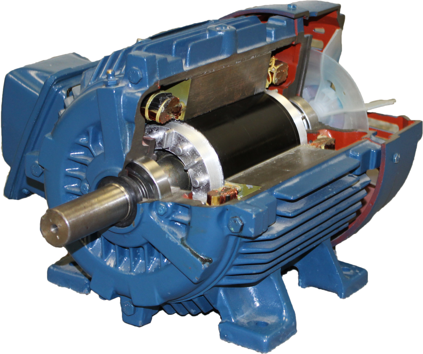 Blue-painted electric induction motor with about a quarter of the housing cut away to reveal interior cross-section of stator windings, rotor, bearings, and shaft