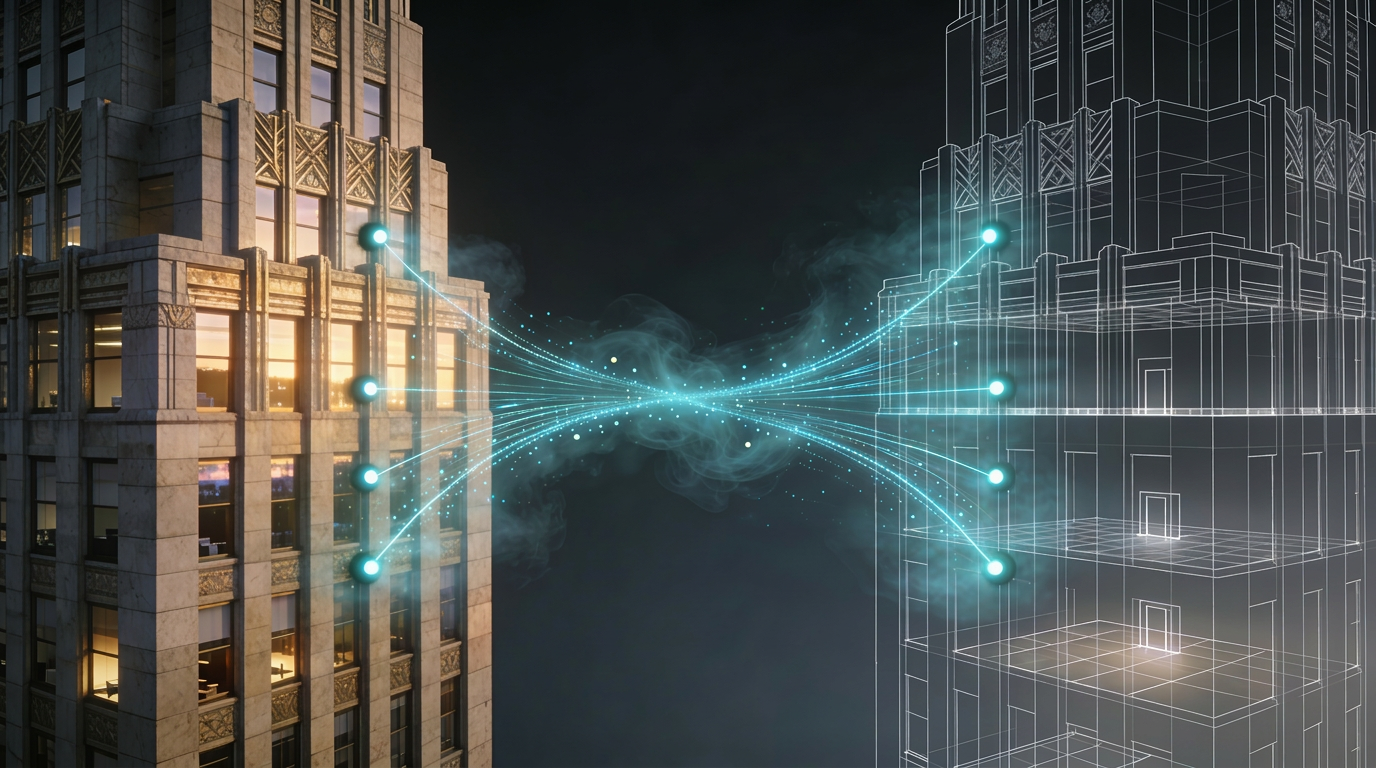 A building linked to its ghostly digital twin by flows of data