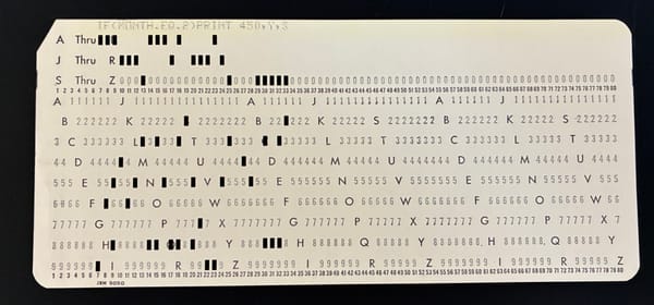 Computer punch card found in a textbook while researching this article.